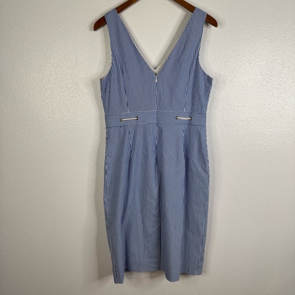 J. Crew NWT Blue Striped Rope Tie Waist V-Neck Sleeveless Dress Size 10 - Picture 2 of 7